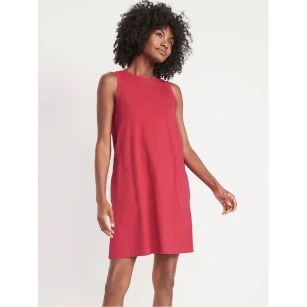 Old Navy Sleeveless Shift Dress Womens Small Red Cotton Slub Pocket Tank Mini
